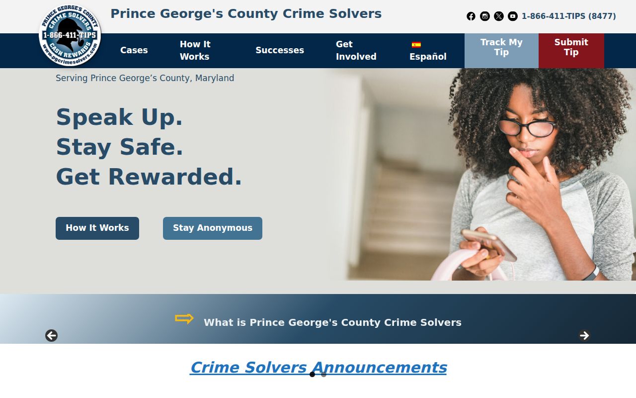 Prince George's County Crime Solvers anonymous tip program page used for most wanted cases