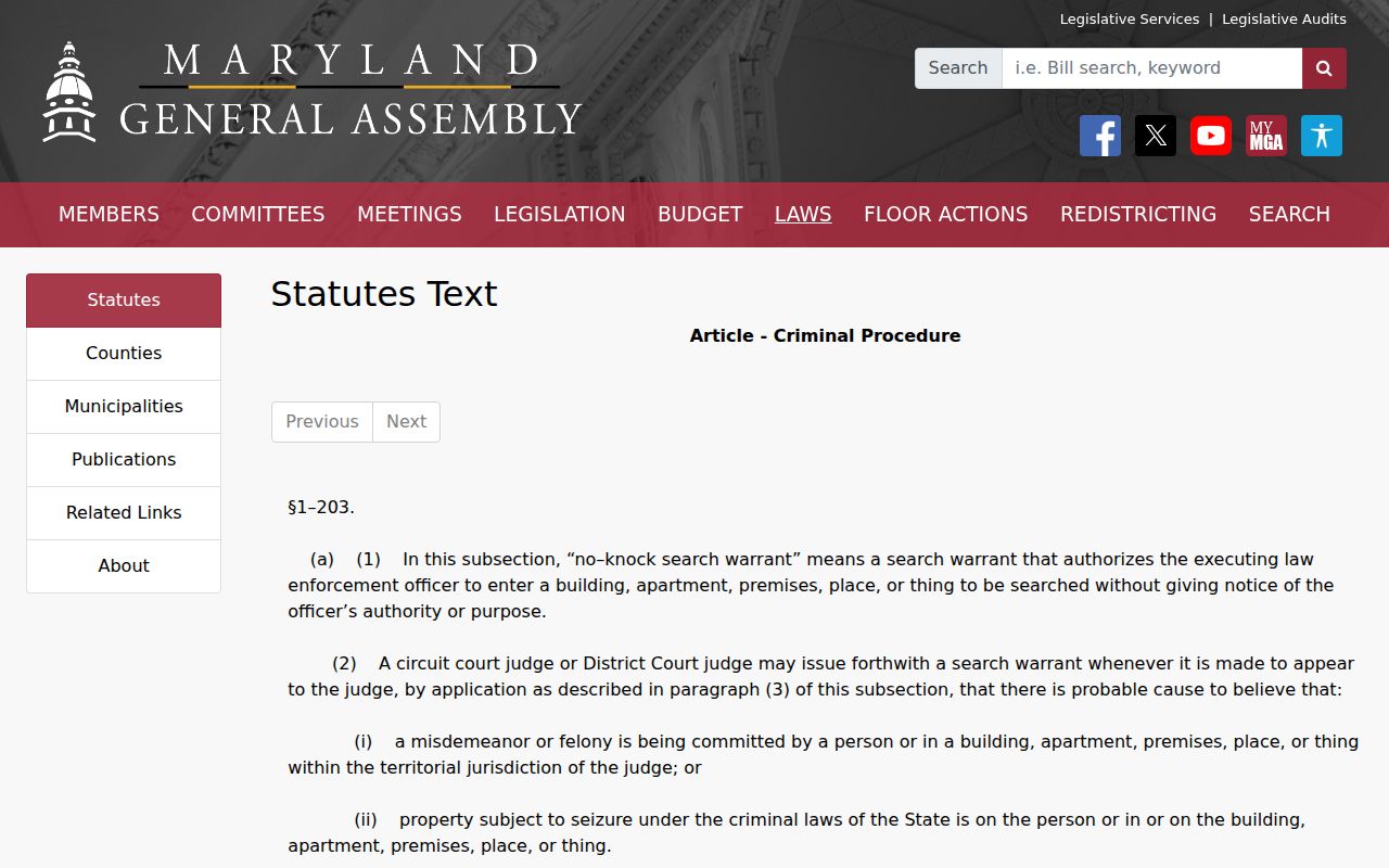 Maryland statute page on probable cause and arrest warrant applications used in Prince George's County