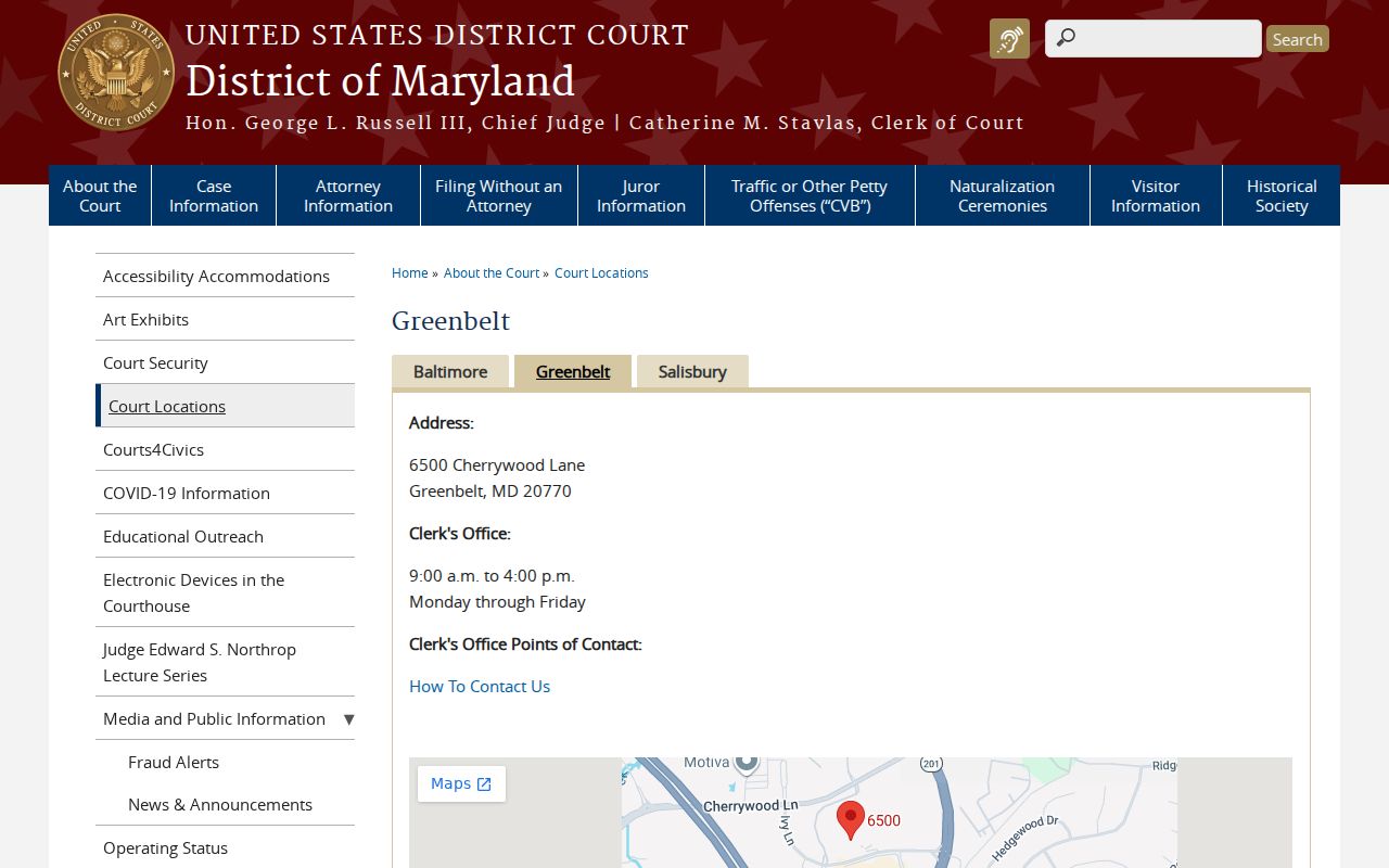 Federal courthouse information page for the Greenbelt Southern Division serving Prince George's County, Maryland