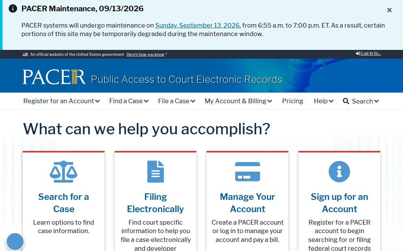 PACER federal court records access page used to look up federal warrants and dockets