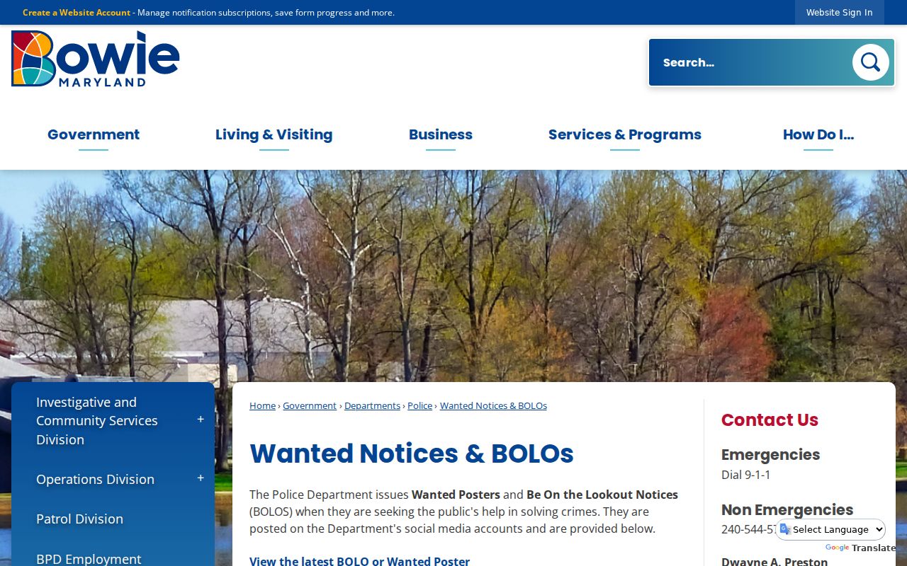 Bowie wanted notices and BOLO page for Prince George's County warrant records