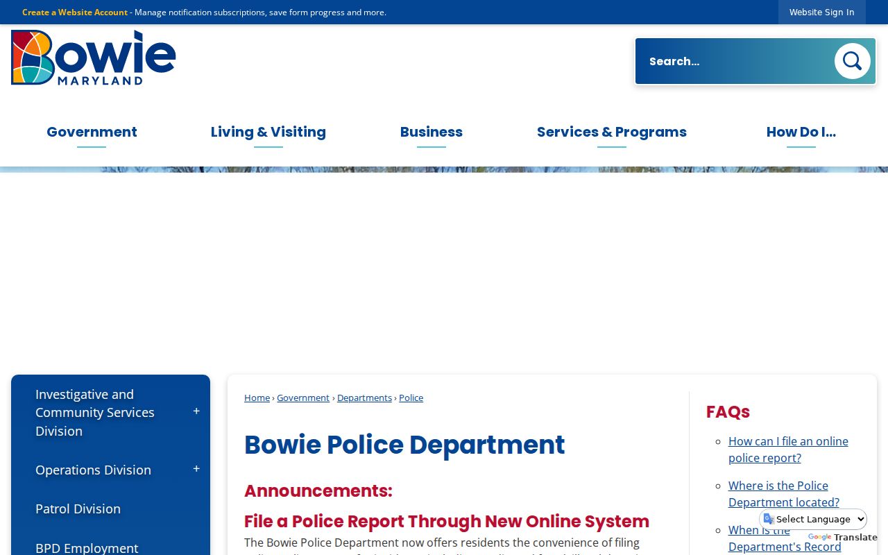 Bowie Police Department contact page used for Prince George's County warrant records questions