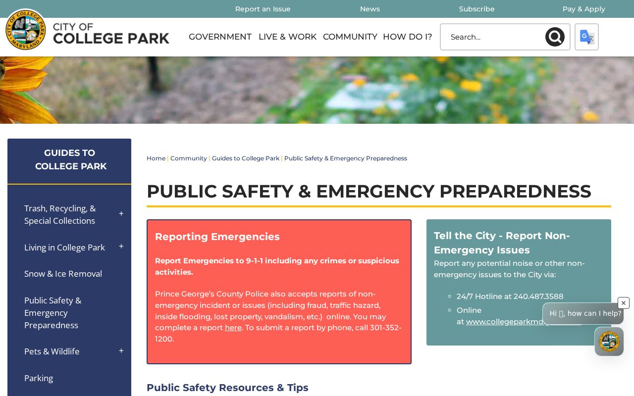 College Park public safety page showing county police coverage for Prince George's County warrant records