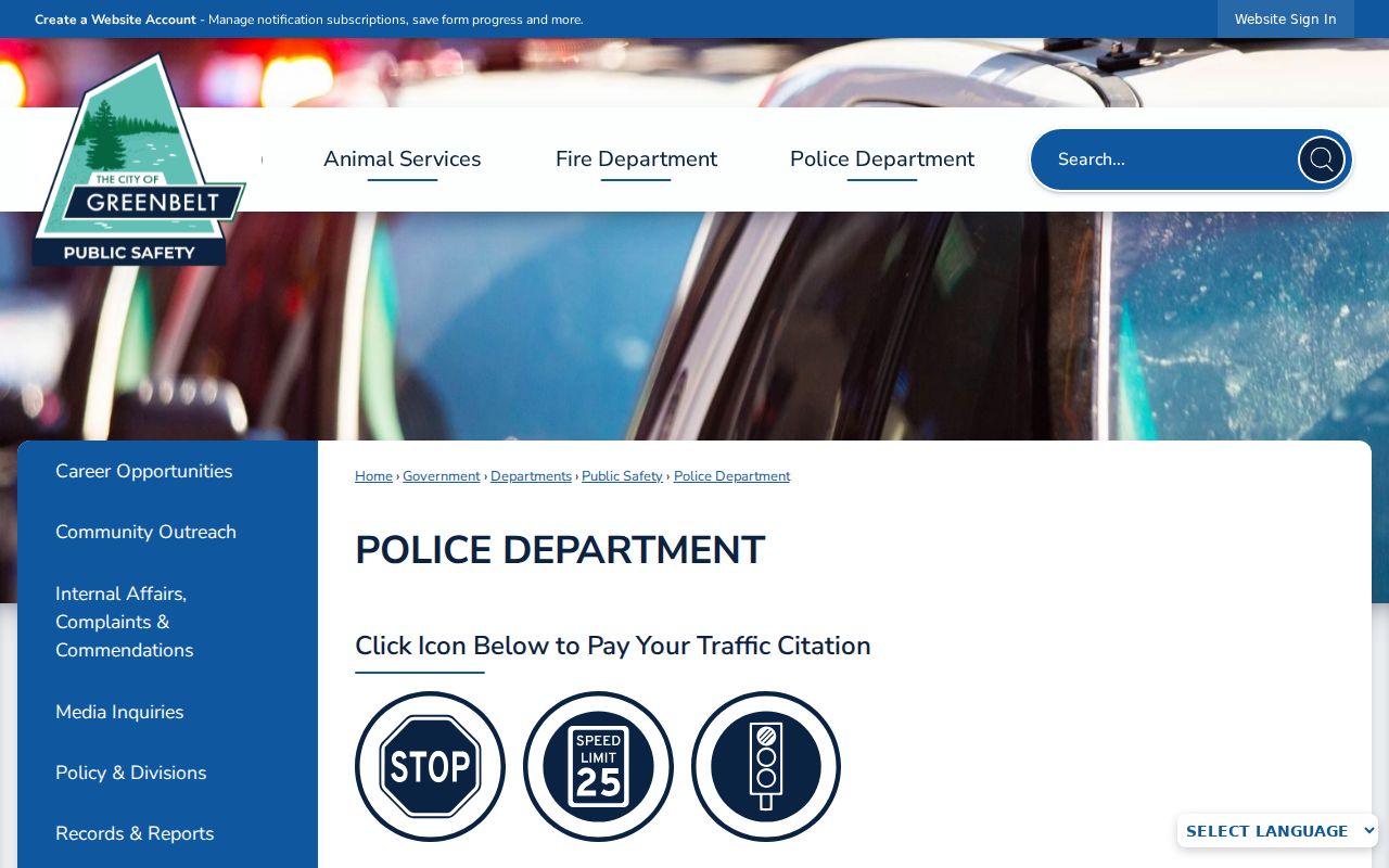 Greenbelt Police Department contact page for Prince George's County warrant records