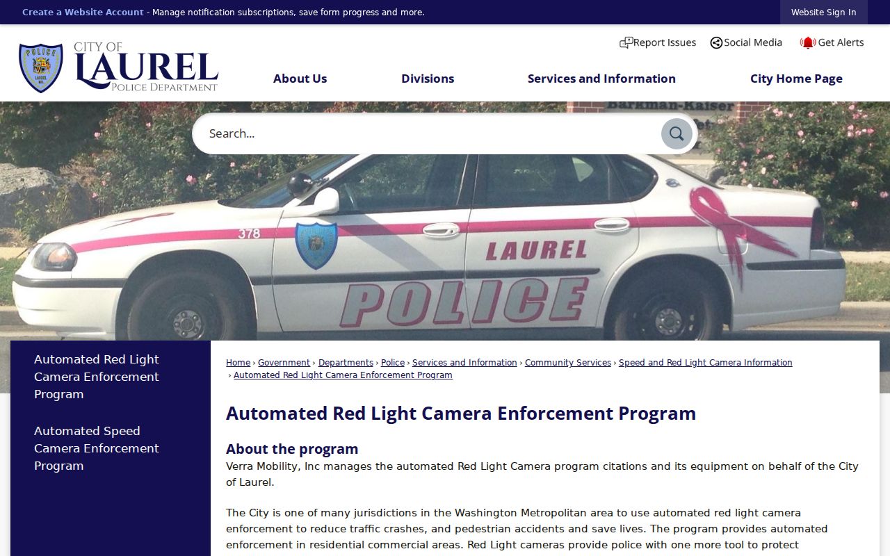 Laurel automated red-light citation payment page for Prince George's County warrant records