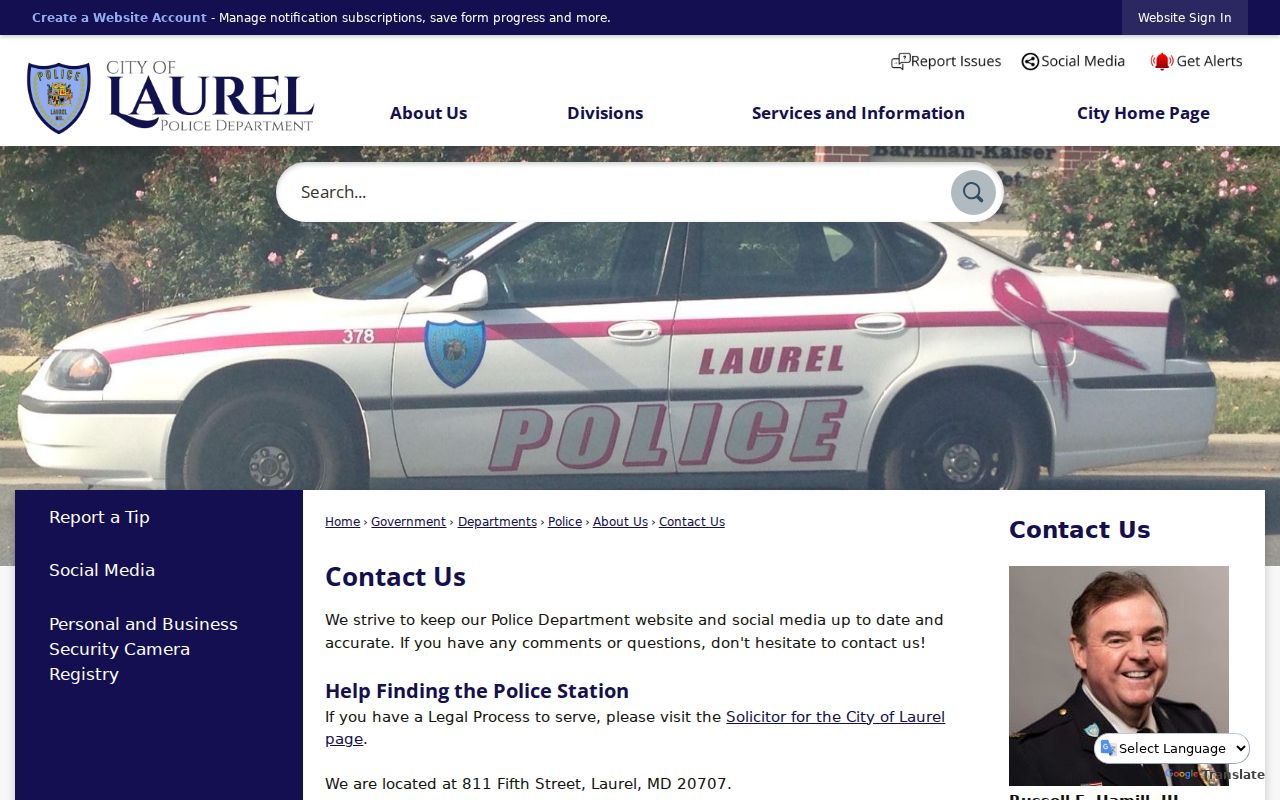 Laurel Police Barkman-Kaiser complex contact page for Prince George's County warrant records
