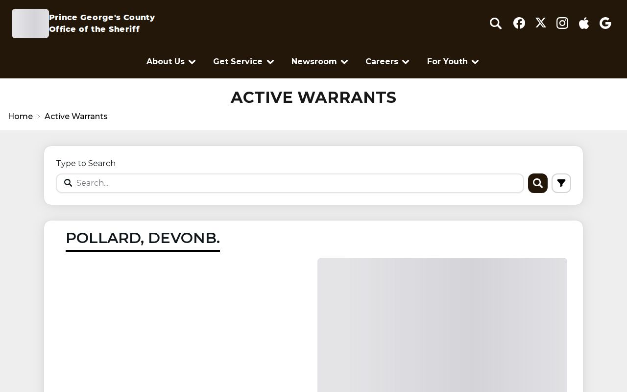 Prince George's County Sheriff Active Warrants page showing the keyword search box and card layout