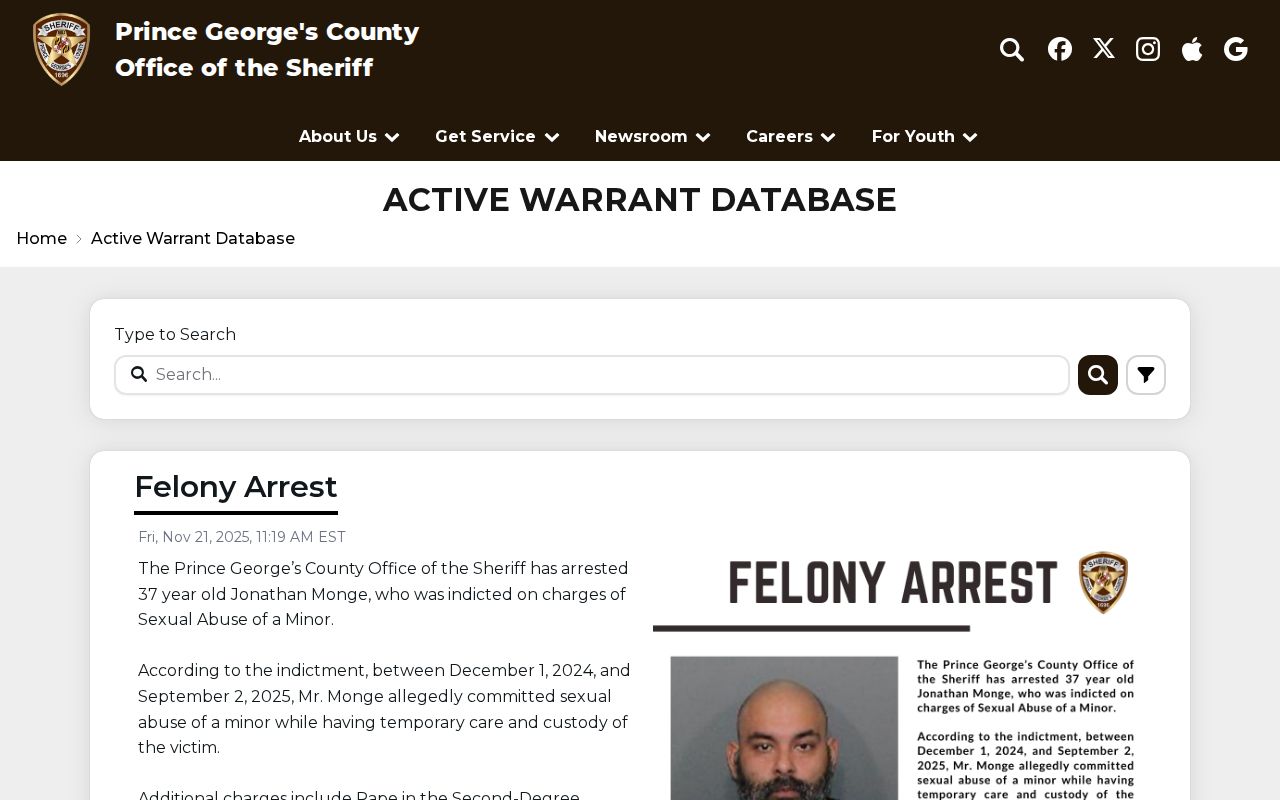 Prince George's County Sheriff's active warrant database with the Type to Search field and category cards