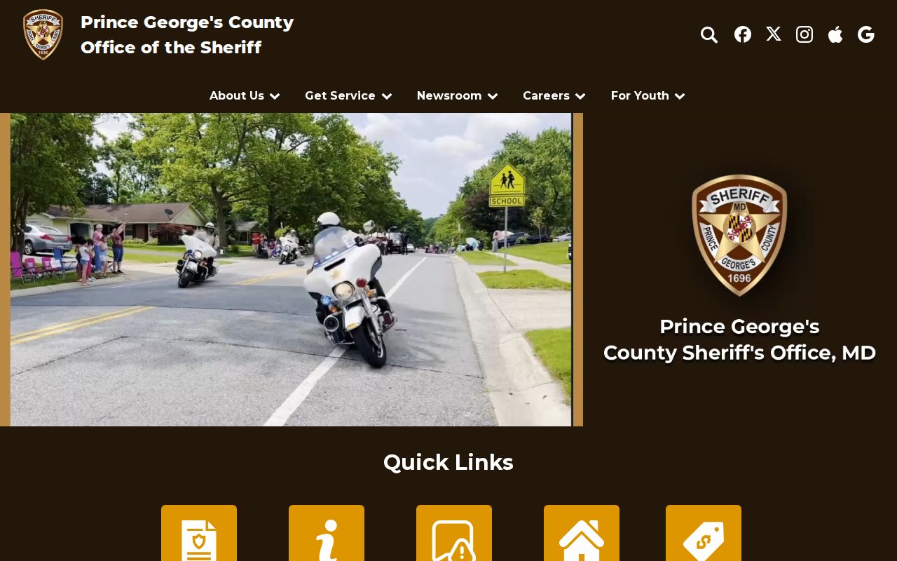 Prince George's County Sheriff's Office home page with the public warrant contact block